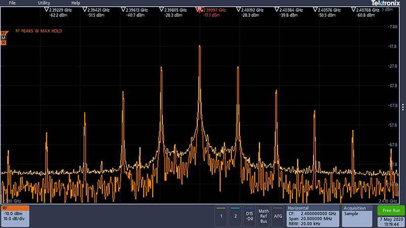 The oscilloscope waveform is of an RF peak table summary on the 3 Series Mixed Domain Oscilloscope 