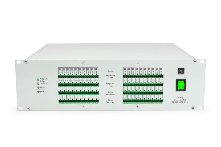 EA-BIM 20005 Battery Impedance Meter, front panel showing 20 channels for electrochemical impedance spectroscopy (EIS) measurements, plus 20 channels for temperature sensors.