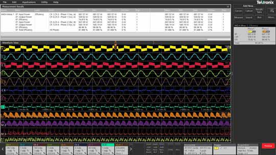 Efficiency measurements on a variable frequency drive based on input power and PWM output power, using 2-wattmeter method on an 8-channel oscilloscope