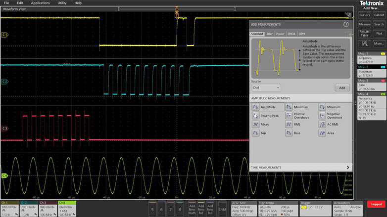 Tektronix mixed signal oscilloscopes screen interface showing off information and its designed for touch capabilities