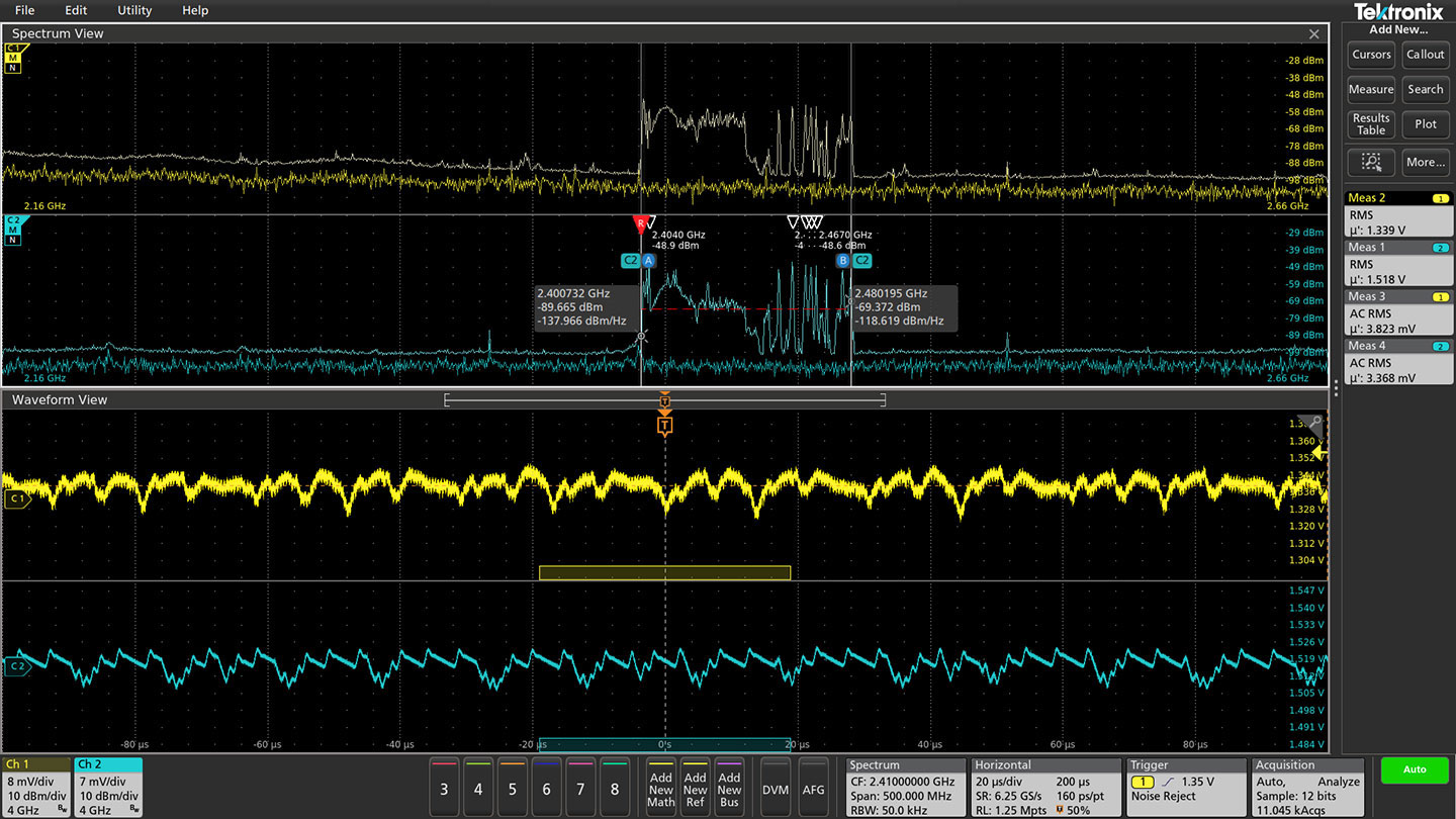 Tektronix's 4, 5 and 6 Series MSO oscilloscopes offer Spectrum View for multi-channel spectrum analysis, synchronized with time domain waveforms