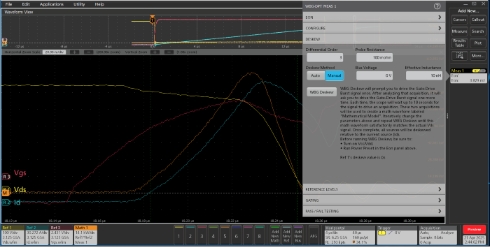Screenshot of Tektronix oscilloscope UI with WBG-DPT measurement configuration menu open, showing where deskew parameters are set.
