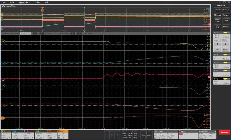 Double pulse testing software on a 5 Series MSO oscilloscope automatically measures energy loss during turn-on (Eon) and key timing parameters.