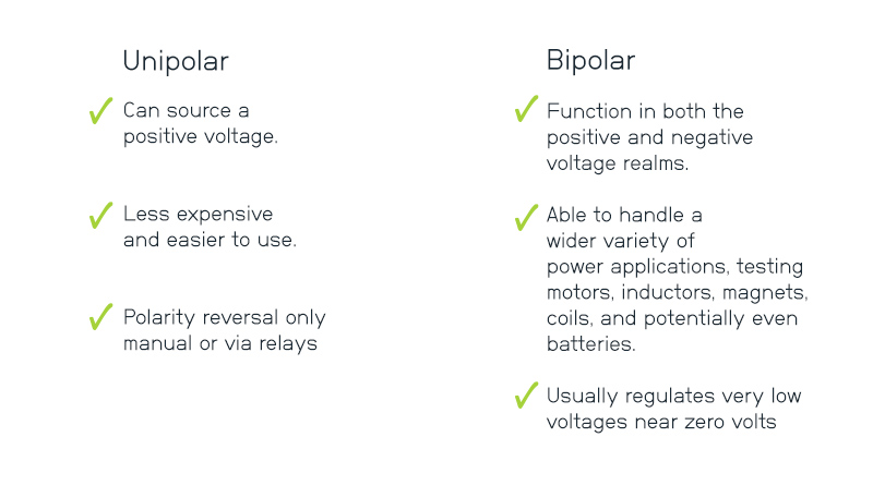 Bipolar vs. unipolar bench power supply