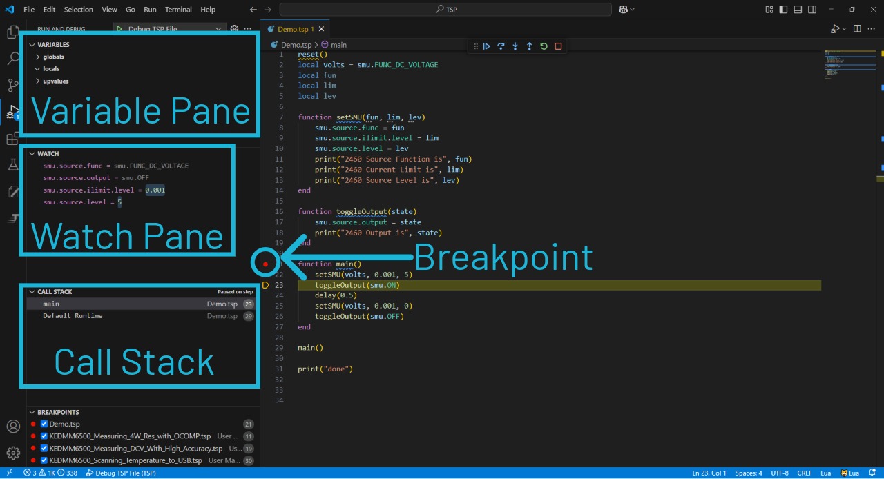 TSP Toolkit's newest debugging features including a watch pane, variable pane, breakpoints, and call stack.