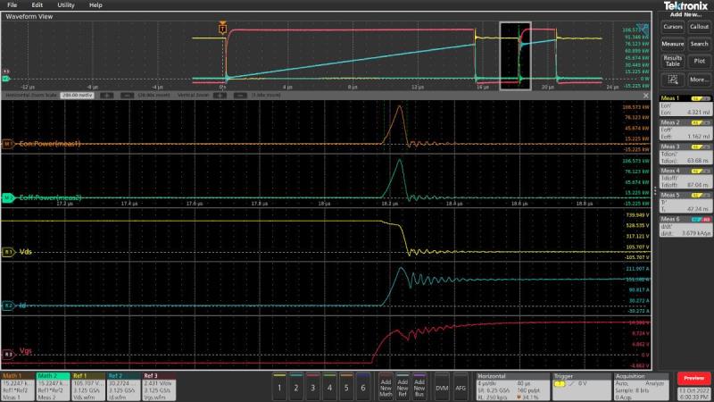 Zoomed in on second pulse turn-on with automated measurements of Eon and Eoff energy loss, as well as key timing parameters.