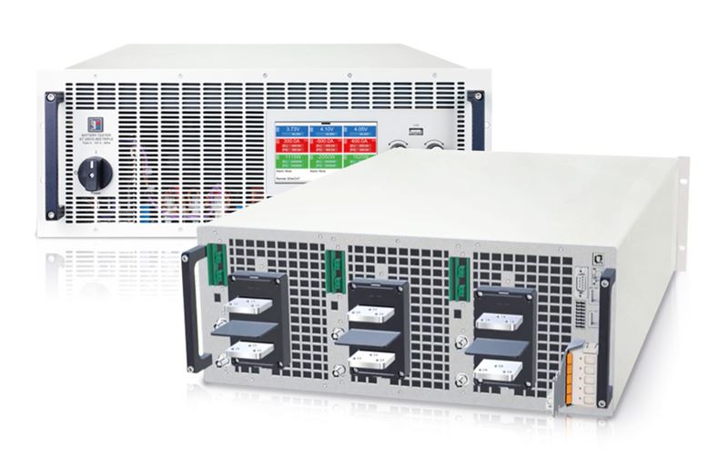 Back view of EA-BT 20000 Triple 4U Battery Tester. Each output can be used to test an