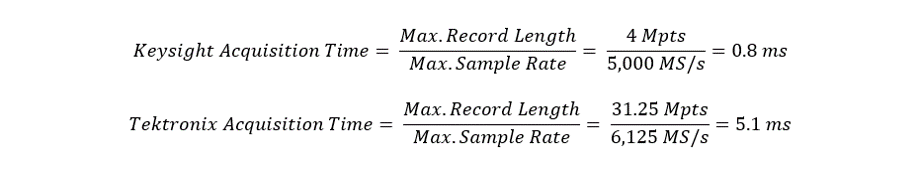 Tektronix and Keysight Oscilloscope acquisition time formula comparison