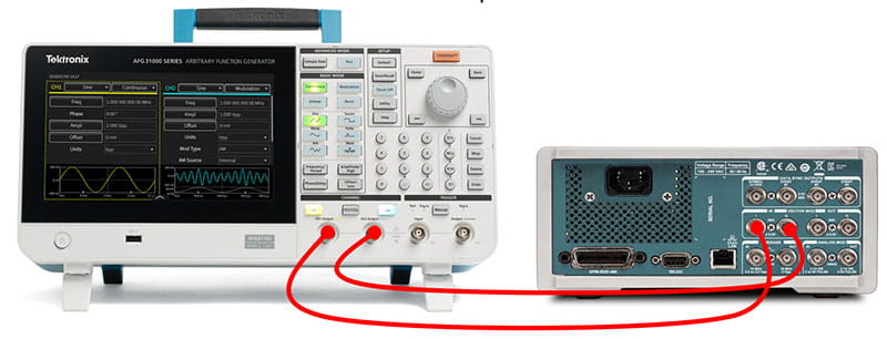 Tektronix AFG31000 channel 1 and 2 outputs going into the TSG4100A External I and Q inputs.