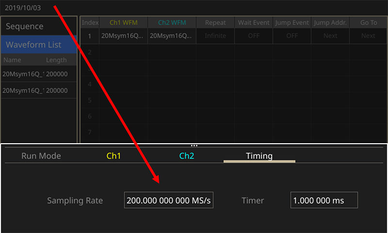 ArbBuilder application viewing a sample rate for the waveformsin on the AFG31000