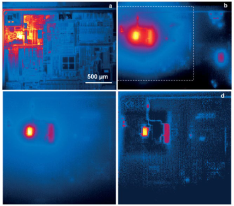 Lock-in Thermography shown in this image can quickly identify hot spots in packaged semiconductor devices. 
