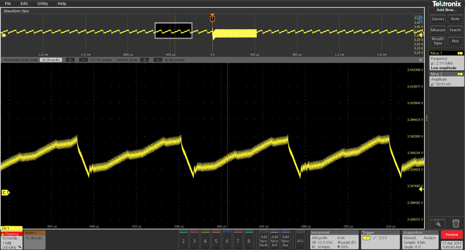 Power rail ripple showing noise at 1 kHz and 2.1 MHz