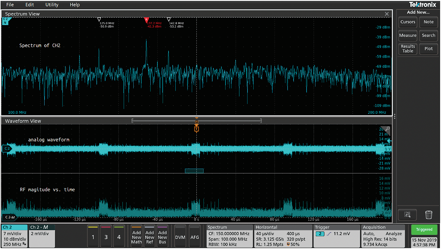 Spectrum View lets you view time, frequency and amplitude on the same screen with measurement data uniquely available for each domain