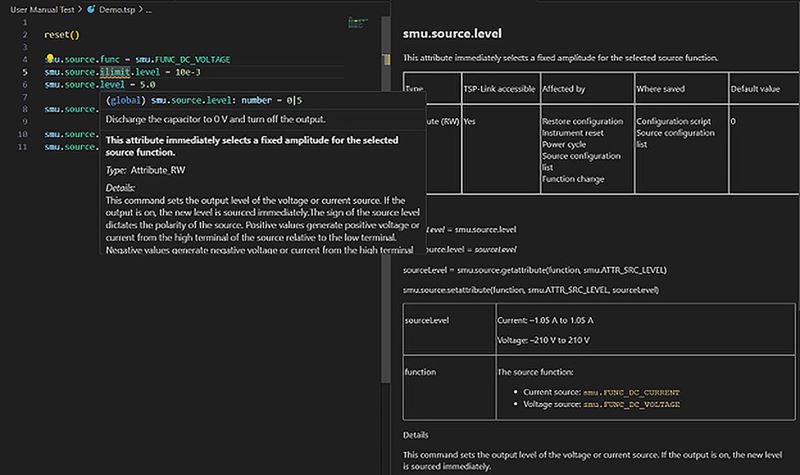 A screenshot of the Keithley TSP Toolkit command hover help feature in use.