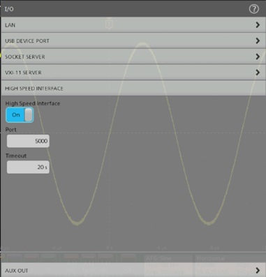 The High Speed Interface settings menu featuring a toggle button to enable High Speed Interface, the port number field, and the timeout parameter in seconds.