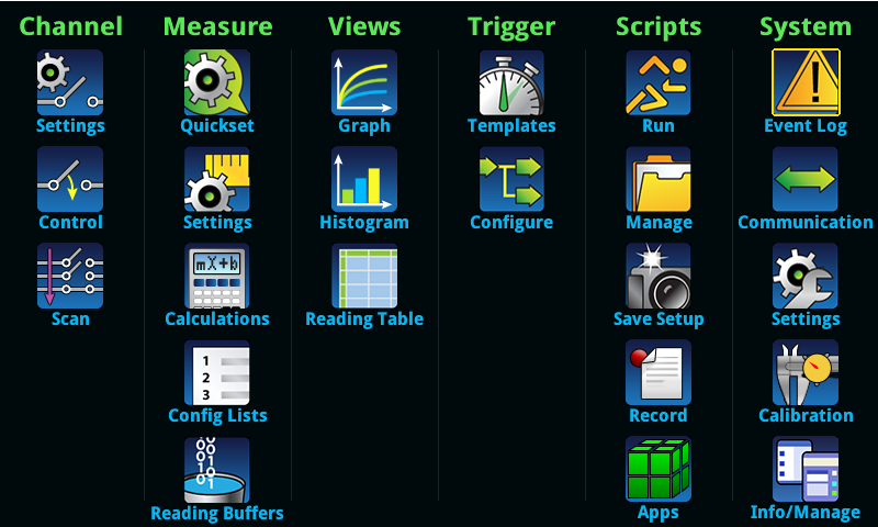 Main menu on a Keithley data acquisition unit enabled with the Touch, Test, Invent touchscreen interface.