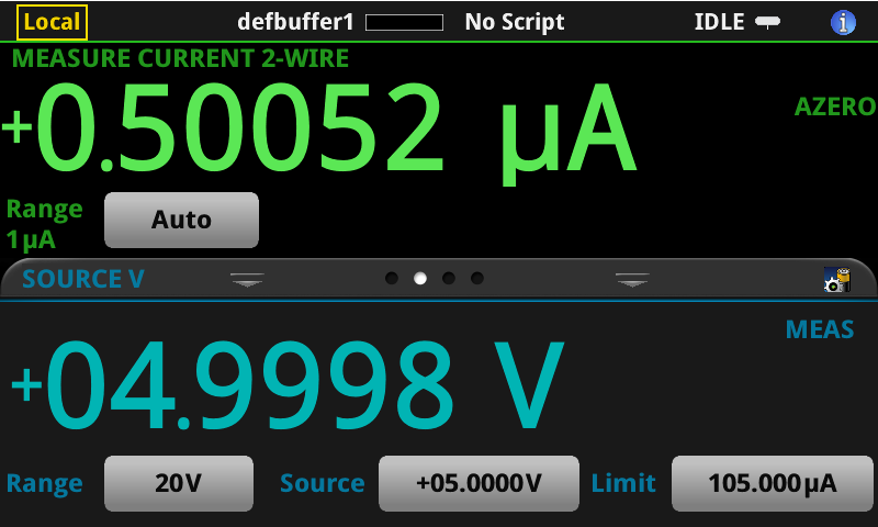 Home screen menu on a Keithley source measure unit enabled with the Touch, Test, Invent touchscreen interface.
