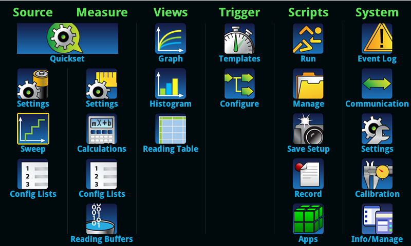 Main menu on a Keithley source measure unit enabled with the Touch, Test, Invent touchscreen interface.
