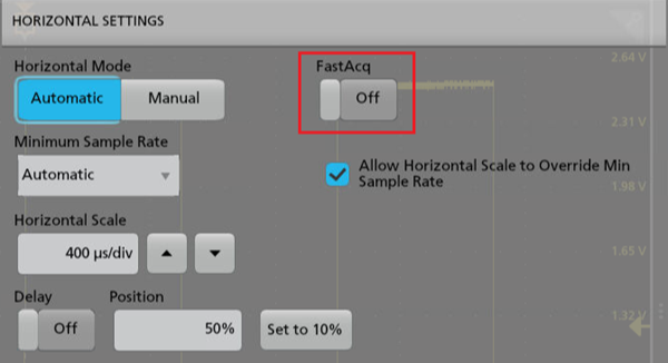 Horizontal settings within the Horizontal badge includes switch to turn FastAcq on and off