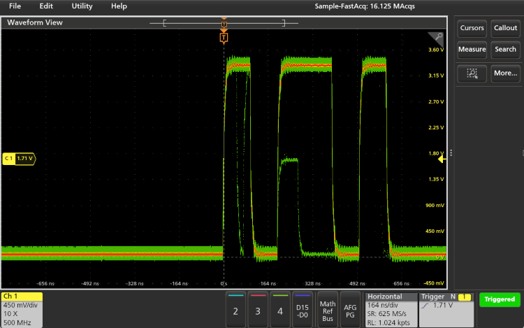 2 Series MSO screen visually indicating signal anomalies with a color gradient