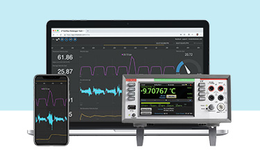 An image showing a Tektronix DAQ, Laptop with Keithley Datalogger Dashboard, and a mobile phone showing similar, illustrating data visualization using Inital State cloud service.