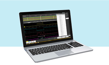 Image of Tekronix TekScope software on a laptop showing varius signal inputs.