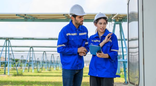 Field service technician discussing equipment calibration