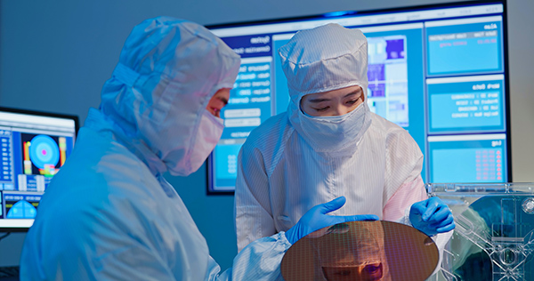 two engineers inspecting component