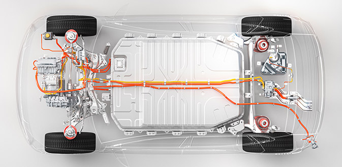 See-through view of an electric vehicle showing battery and powertrain