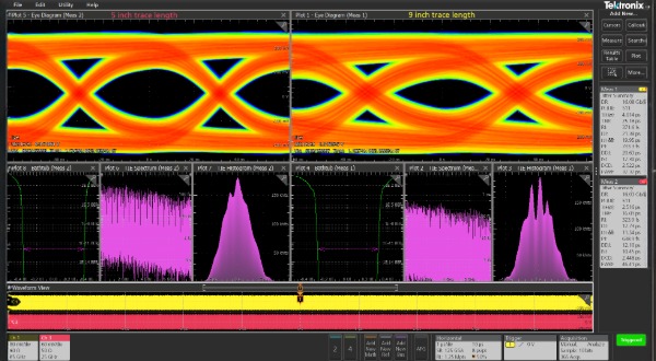 Eye diagrams and bathtub plots generated by a Tektronix oscilloscope for jitter analysis