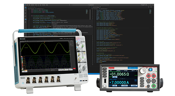 Python code using tm_devices Python package featured next to the Tektronix oscilloscope, 4 Series MSO, and Keithley DMM