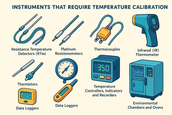 Illustration showing various instruments that require temperature calibration, including resistance temperature detectors (RTDs), platinum resistometers, thermocouples, infrared (IR) thermometer, thermistors, temperature controllers and recorders, data loggers, and environmental chambers and ovens, each labeled with corresponding graphics