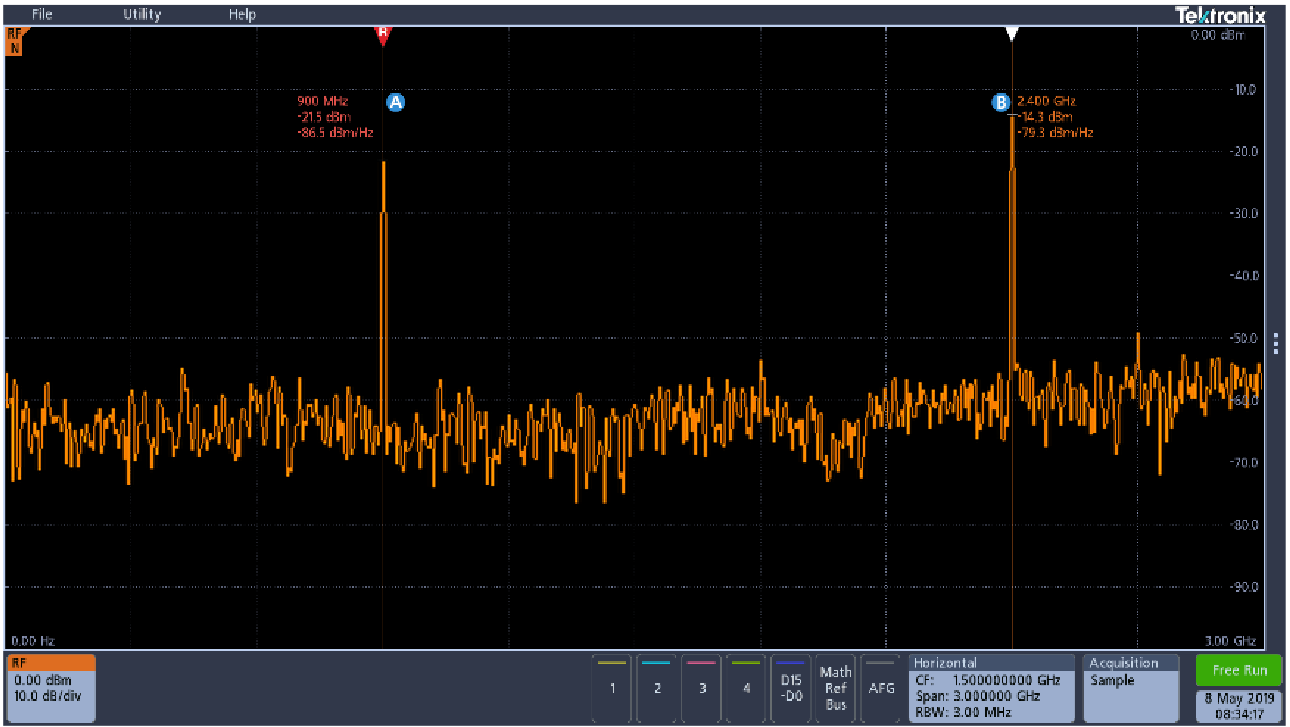 Spectral display of both Zigbee at 900 MHz and Bluetooth at 2.4 GHz, captured with a single acquisition