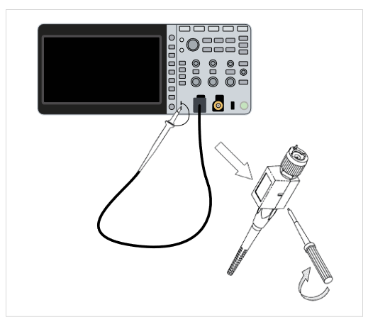 Diagram indicating where the compensation box attaches to the probe and oscilloscope