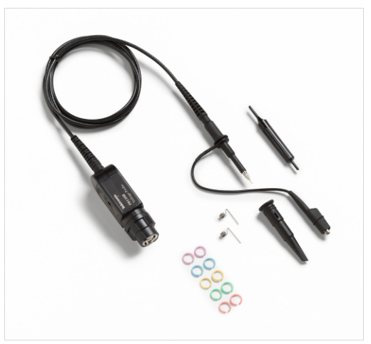 An image of a typical general-purpose voltage probe and its accessories