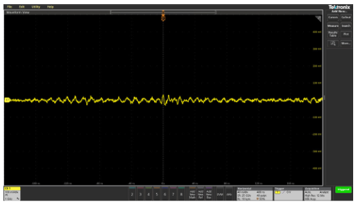 Screenshot from an oscilloscope showing an example of circuit-board-induced noise probe loop