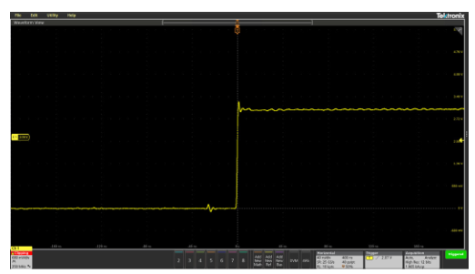 Screenshot from an oscilloscope showing a 1.5 ns rise time step waveform as acquired through a PCB to probetip adaptor