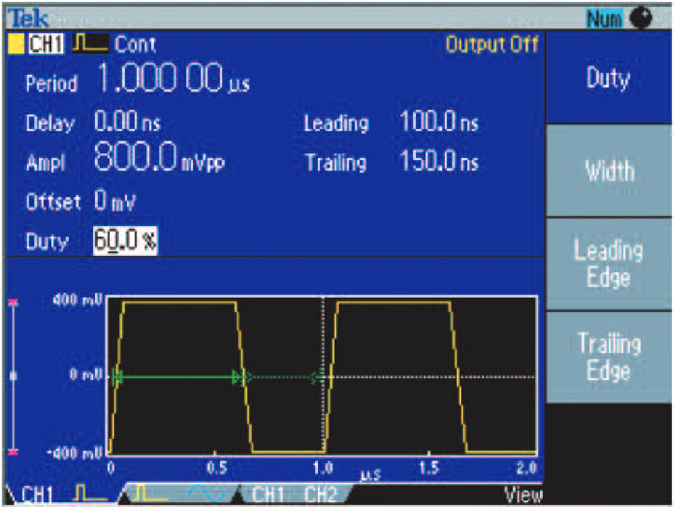 The AFG3000 Pulse parameter screen