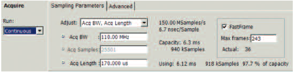 The Acquisition control panel showing the FastFrame controls on the righ side