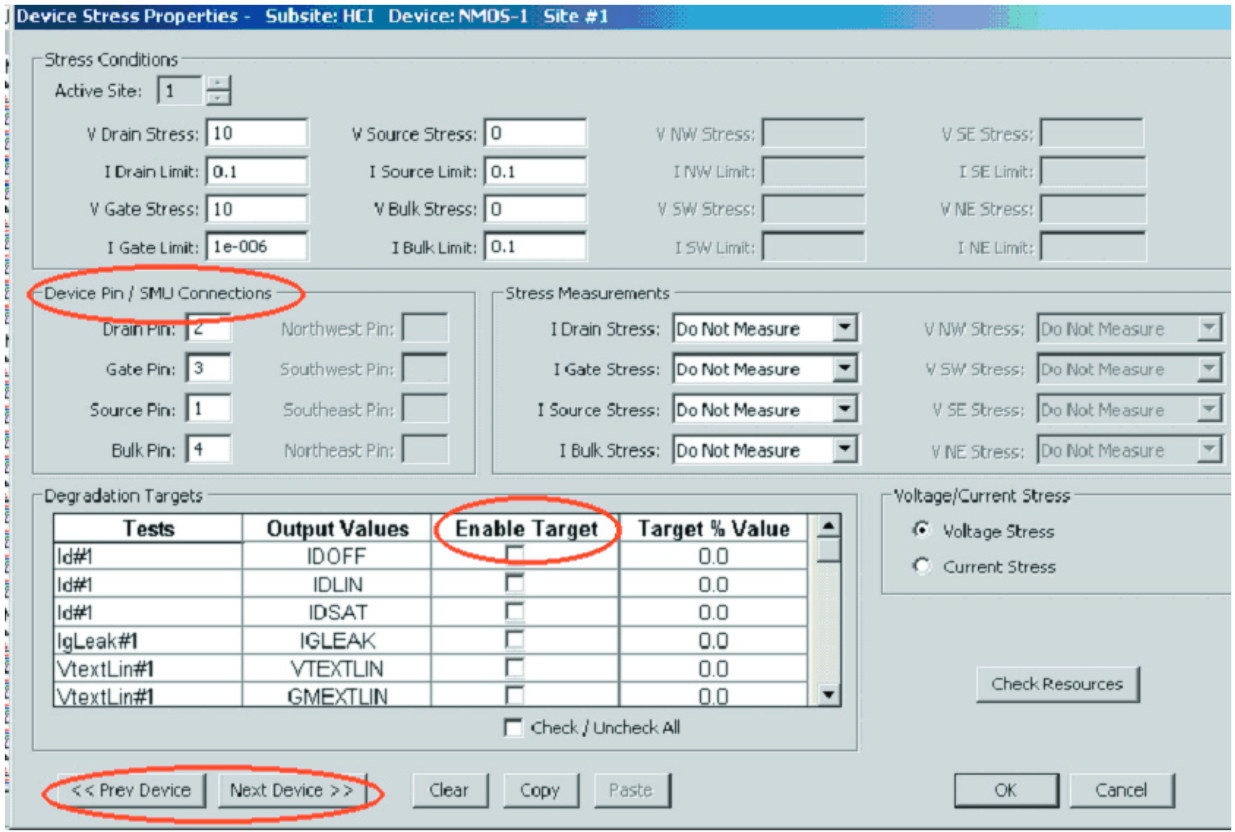 Device stress/pin connection/degradation target value set-up window