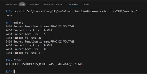 TSP scripts, function calls, and commands running in the TSP Toolkit terminal
