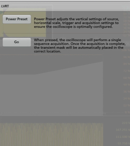 This screen capture from a modern Tektronix oscilloscope shows the default panel for the ride-through measurements. Power Preset configures the scope based on the configuration settings. The vertical scale is set according to measured voltage (Auto) or user-specified values (Custom). The selected standard determines the horizontal scale. Based on the measurement (LVRT or HVRT) the trigger is set to runt or edge with appropriate levels. Clicking the Go button sets the scope for a single shot acquisition, and it waits for a trigger.