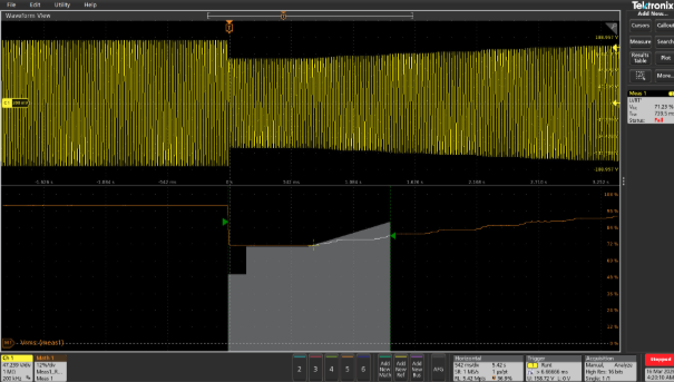 This screen capture from a modern Tektronix oscilloscope shows a low voltage ride-through failure, in which there is an RMS voltage violation. Ride-through results are displayed clearly against defined voltage time masks, making it easy to identify compliance issues. The test limits are masks defined by CEA, IEEE 1547-2003, IEEE 1547-2018 (CAT-I, CAT-II and CAT-III), EVS-EN 50549 CAT-I and Custom standards which define the boundary limit for recovery for the inverter RMS voltage. Any mask hits during the ride-through conditions fails the test.
