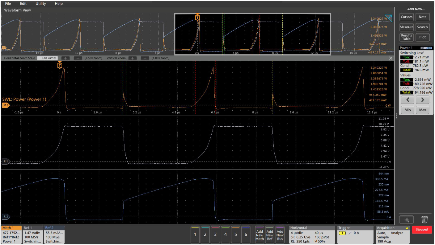 Switching Loss Measurements. The upper trace (orange) is calculated by multiplying current and voltage for instantaneous power. Loss measurements are performed on the instantaneous power waveform. Each loss region is annotated with colored markers that correspond to measurement labels. The bottom waveforms are the voltage across the switch and current through the switch.