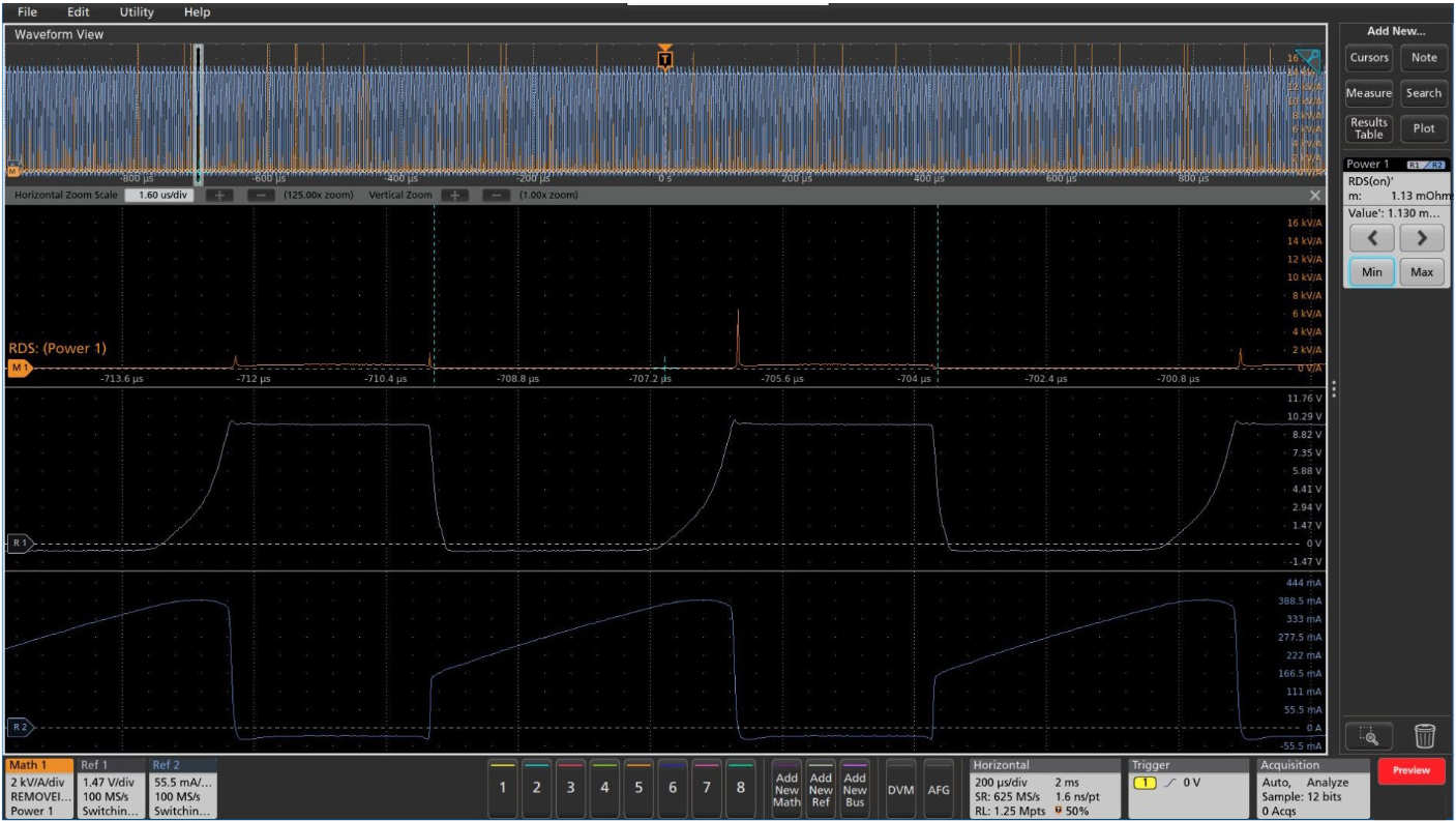 RDS(on) measurement. The Ch1 (yellow) waveform is the FET VDS voltage and the Ch2 (cyan) waveform is the FET current. The waveforms are inverted in phase to correctly indicate that the current is high in the conduction region. The Math plots the RDSon value and the results badge shows the minimum RDSon value calculated as per the Math waveform.In this case it is 1.13mOhms.