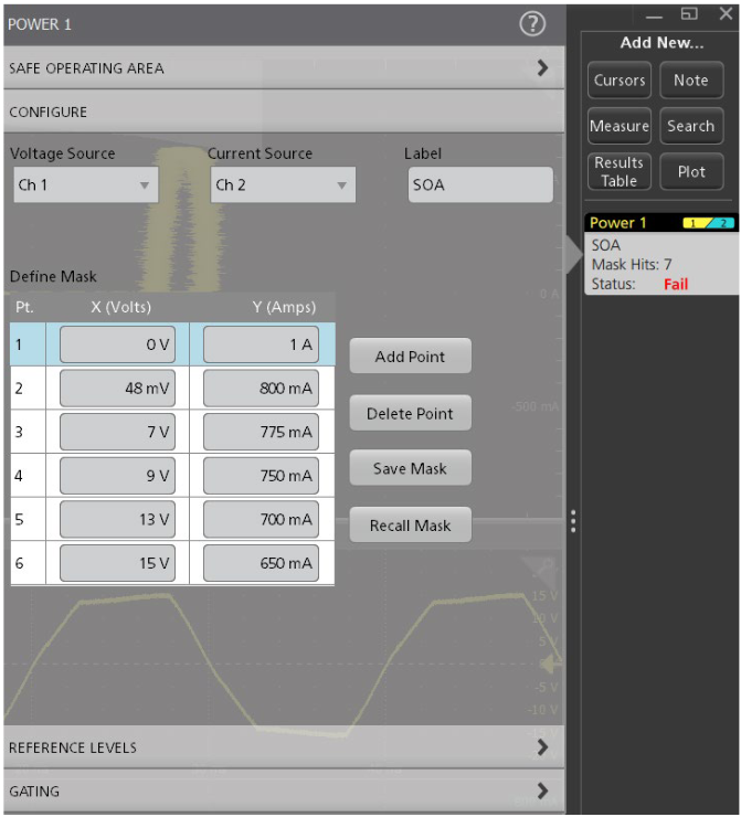 SOA using 5-PWR. If the data points fall inside the mask zone, they are yellow to indicate ‘pass’ and if they fall outside the mask zone, they are red to indicate ‘fail’. In this example, the V-I curve has gone outside the SOA, subjecting the switching device to excessive stress.