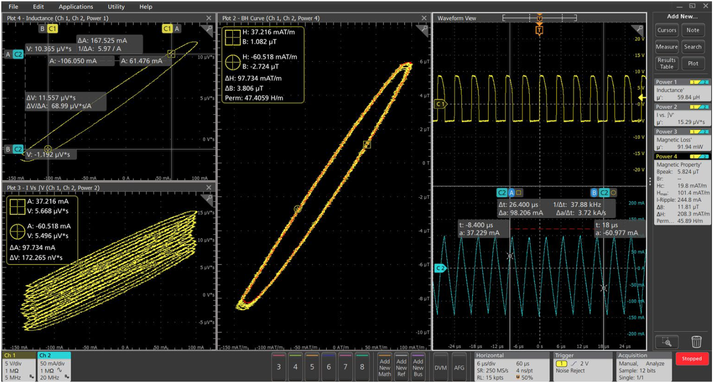 Magnetic measurements on an inductor. The Ch1 (yellow) waveform is the voltage across the inductor and the Ch2 (cyan) waveform is the inductor current. The B-H curve is shown in the center of the display. Inductance, magnetic loss, and magnetic properties are shown in results badges on the right.