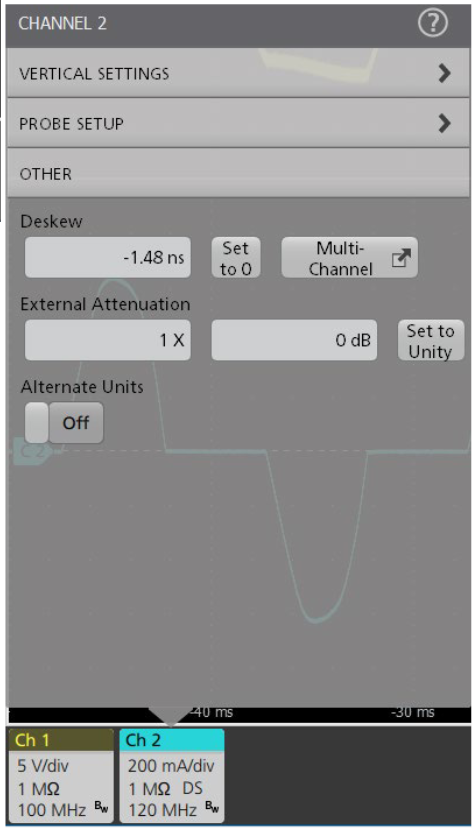 Static skew compensation AFTER Adjustment. Note that -1.48 ns of deskew has been added, based on the propagation delays stored in the probes.
