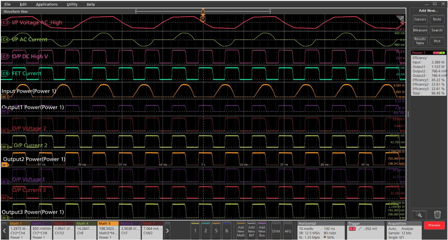 Efficiency measurement in which a single AC voltage and current are used to determine input power, and power is measured on three outputs simultaneously to find total efficiency.