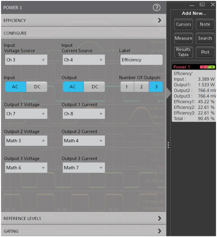 Efficiency measurement configuration allows user to configure the type of signal and up to 3 outputs.